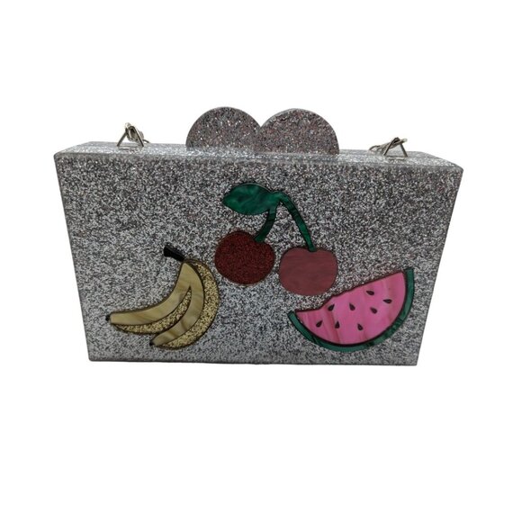 BARI LYNN Fruit Box Clutch Bag Chain Strap Acrylic Hard Sided Glitter - Picture 11 of 12